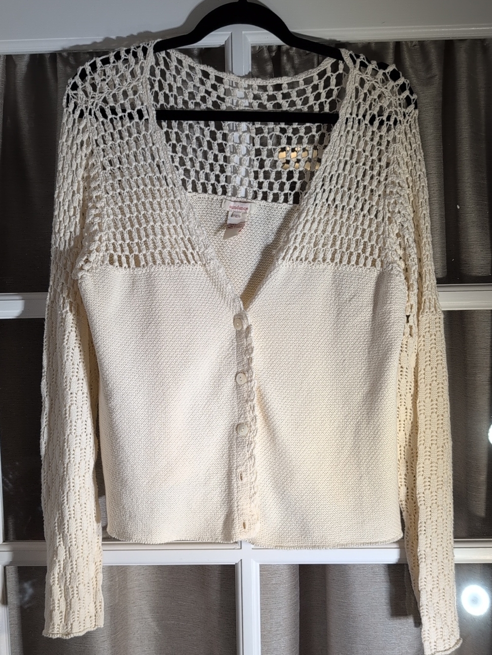 Sundance Cotton Cream Crochet-Detail Button Cardigan Sweater